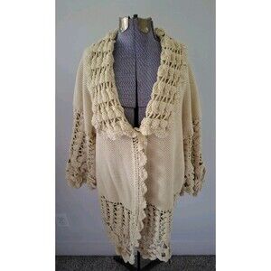 Von Saken Beige Crochet Knit Cotton Cardigan Sweater M/L Cottage Boho Fairy